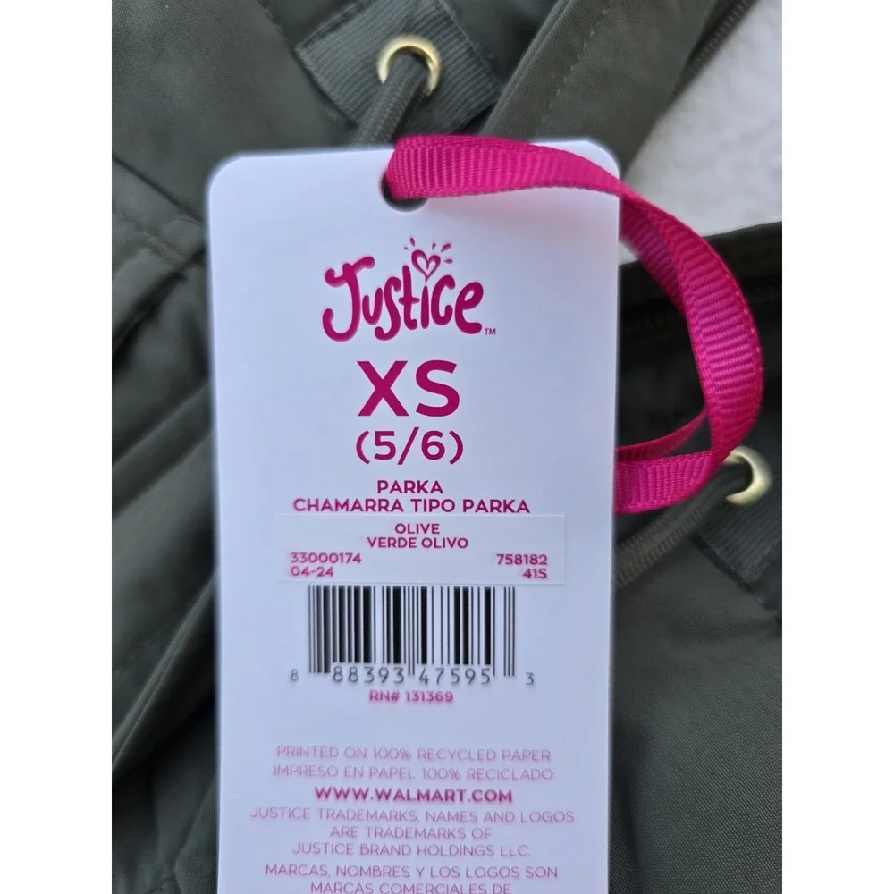 Justice Girls Puffer Jacket Faux Fur Lined With‎ Hood Sz XS 5/6 Green